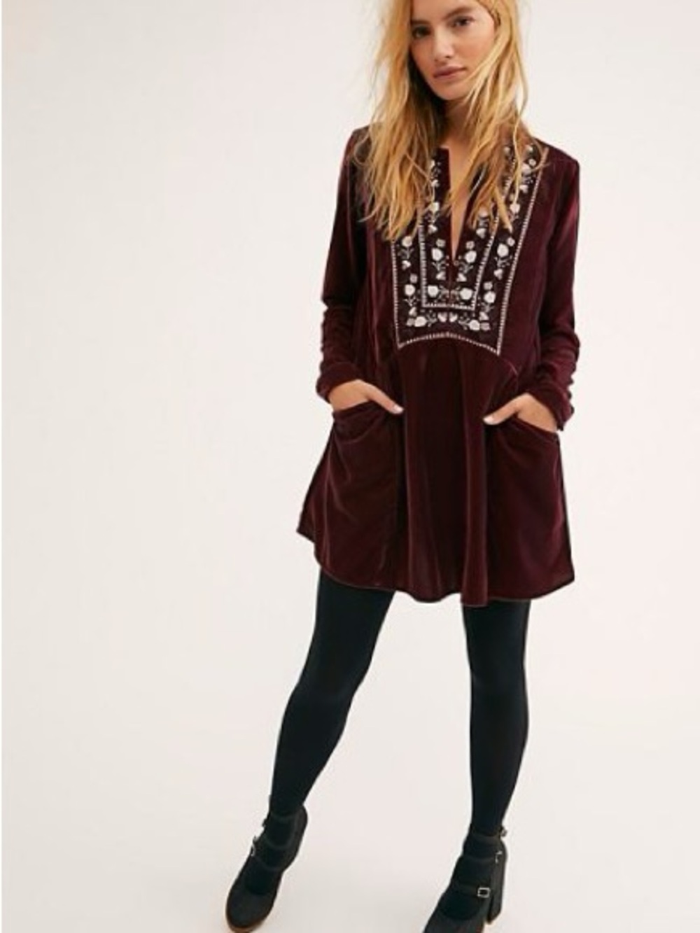 Anthropologie Embroidered Velvet Tunic - Burgundy